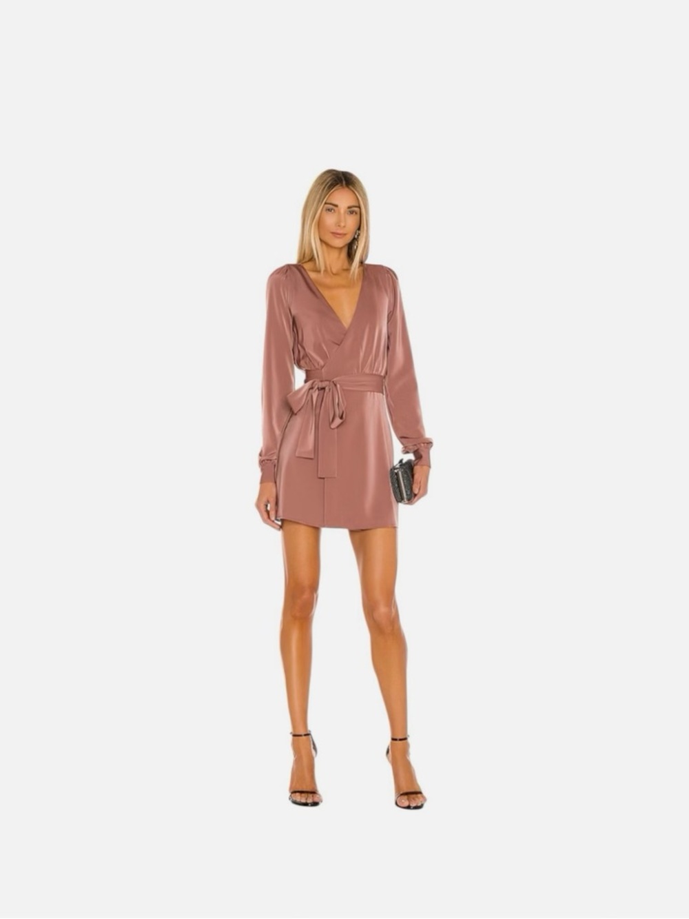 NBD Dusty Rose Satin Long Sleeve Wrap Mini Dress